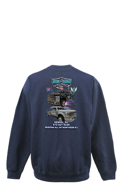 Navy blue sweatshirt with graphics and text on the back, displayed against a white background. Ron and Sons Towing, Paper Street Print Co, Blairstown, NJ.