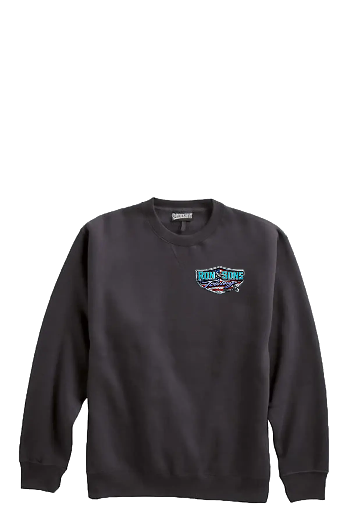 Black sweatshirt with a logo on a white background. Ron and Sons Towing, Paper Street Print Co, Blairstown, NJ.