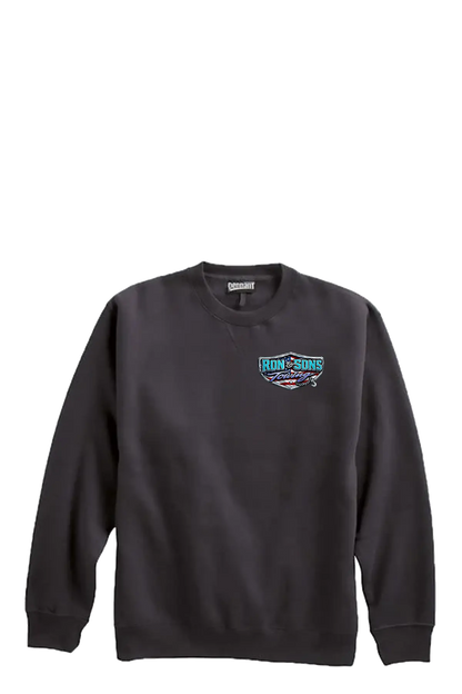 Black sweatshirt with a logo on a white background. Ron and Sons Towing, Paper Street Print Co, Blairstown, NJ.