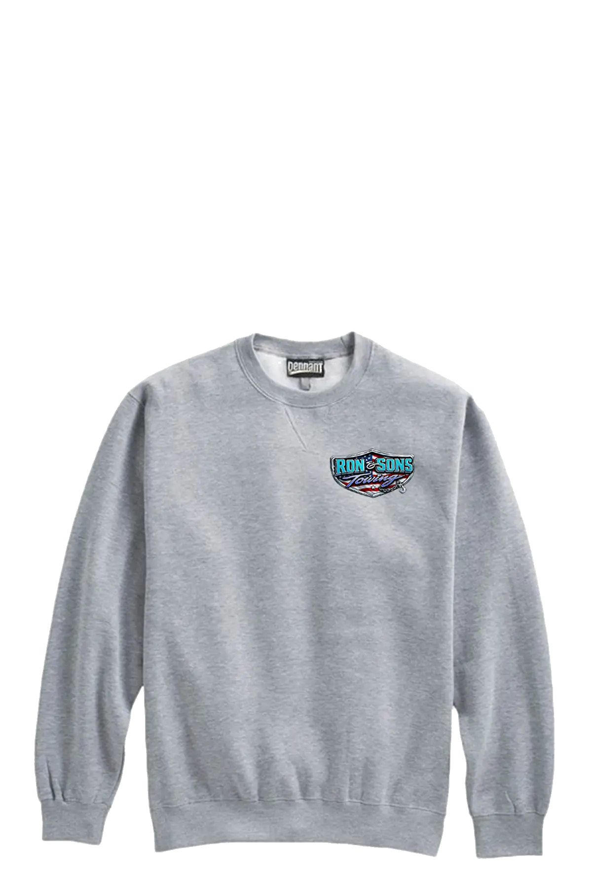 Gray sweatshirt with a logo on the chest against a white background. Ron and Sons Towing, Paper Street Print Co, Blairstown, NJ.