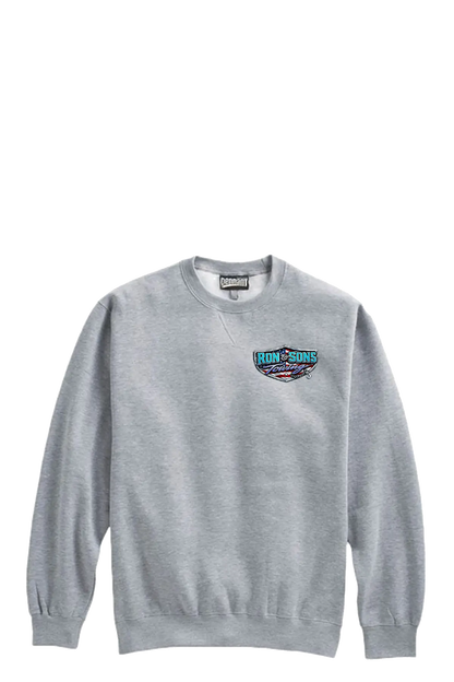 Gray sweatshirt with a logo on the chest against a white background. Ron and Sons Towing, Paper Street Print Co, Blairstown, NJ.