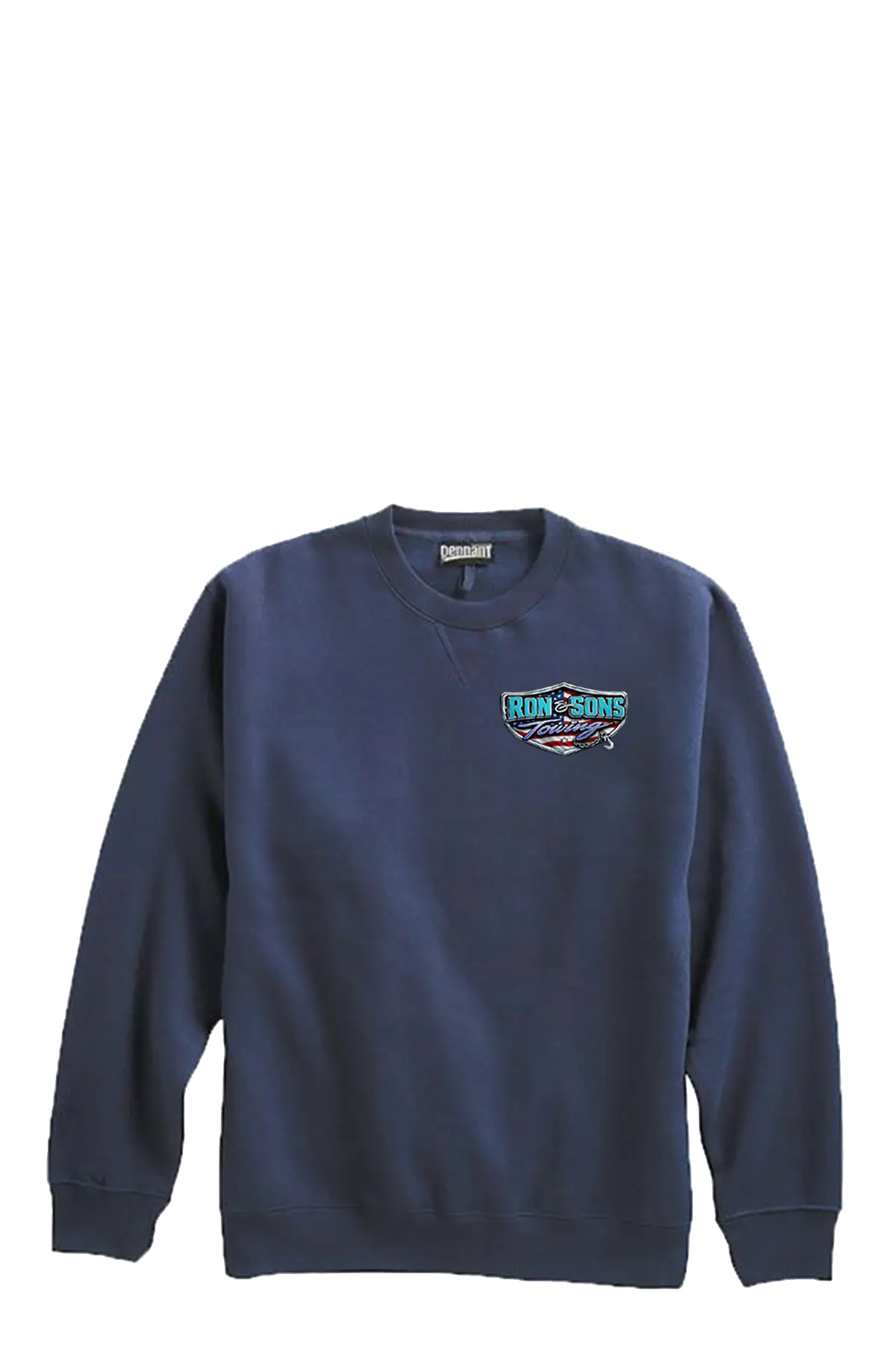 Blue sweatshirt with a logo on a white background. Ron and Sons Towing, Paper Street Print Co, Blairstown, NJ.