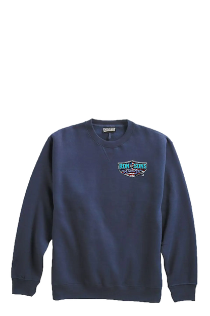Blue sweatshirt with a logo on a white background. Ron and Sons Towing, Paper Street Print Co, Blairstown, NJ.