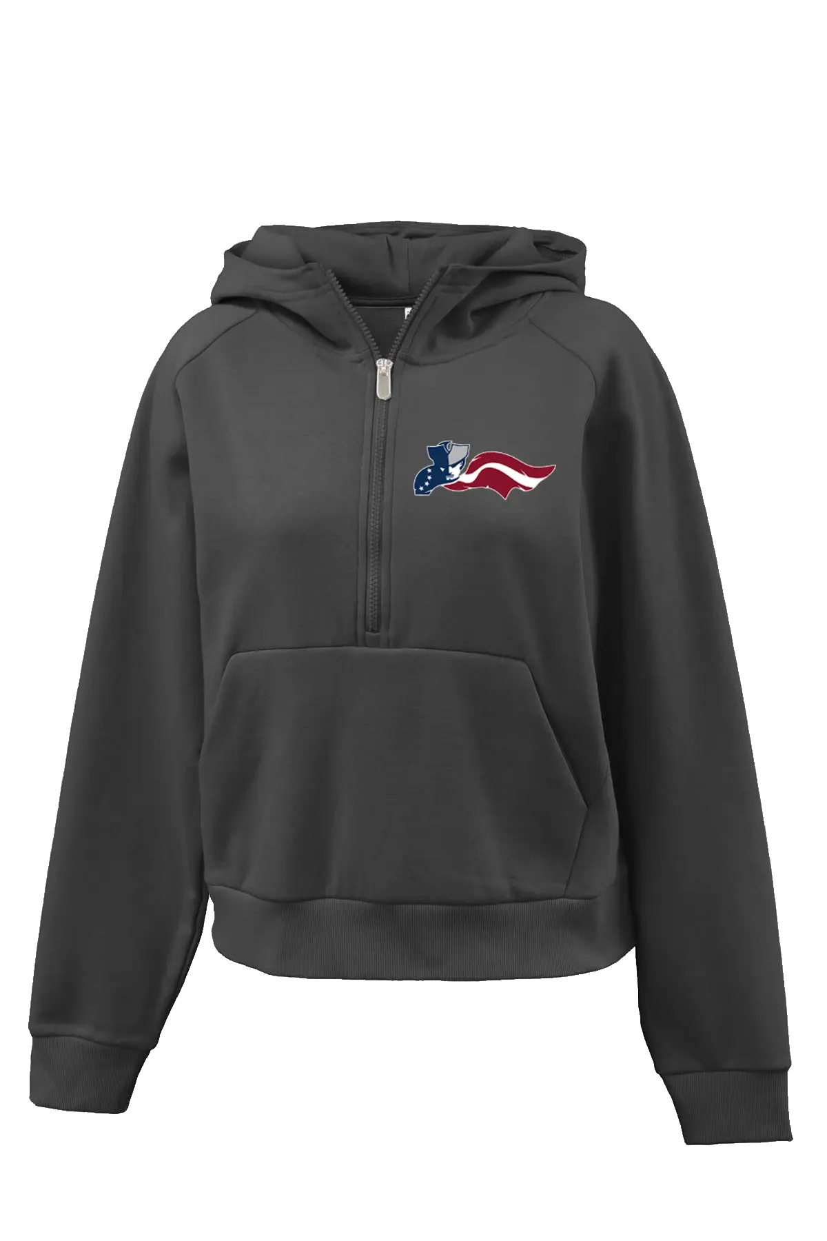 Dark gray hoodie with a colorful logo on the chest against a white background. Paper Street Print Co, Blairstown, NJ.