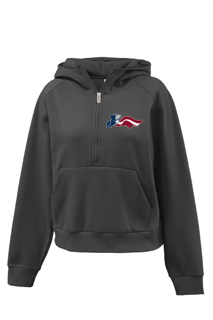 Dark gray hoodie with a colorful logo on the chest against a white background. Paper Street Print Co, Blairstown, NJ.
