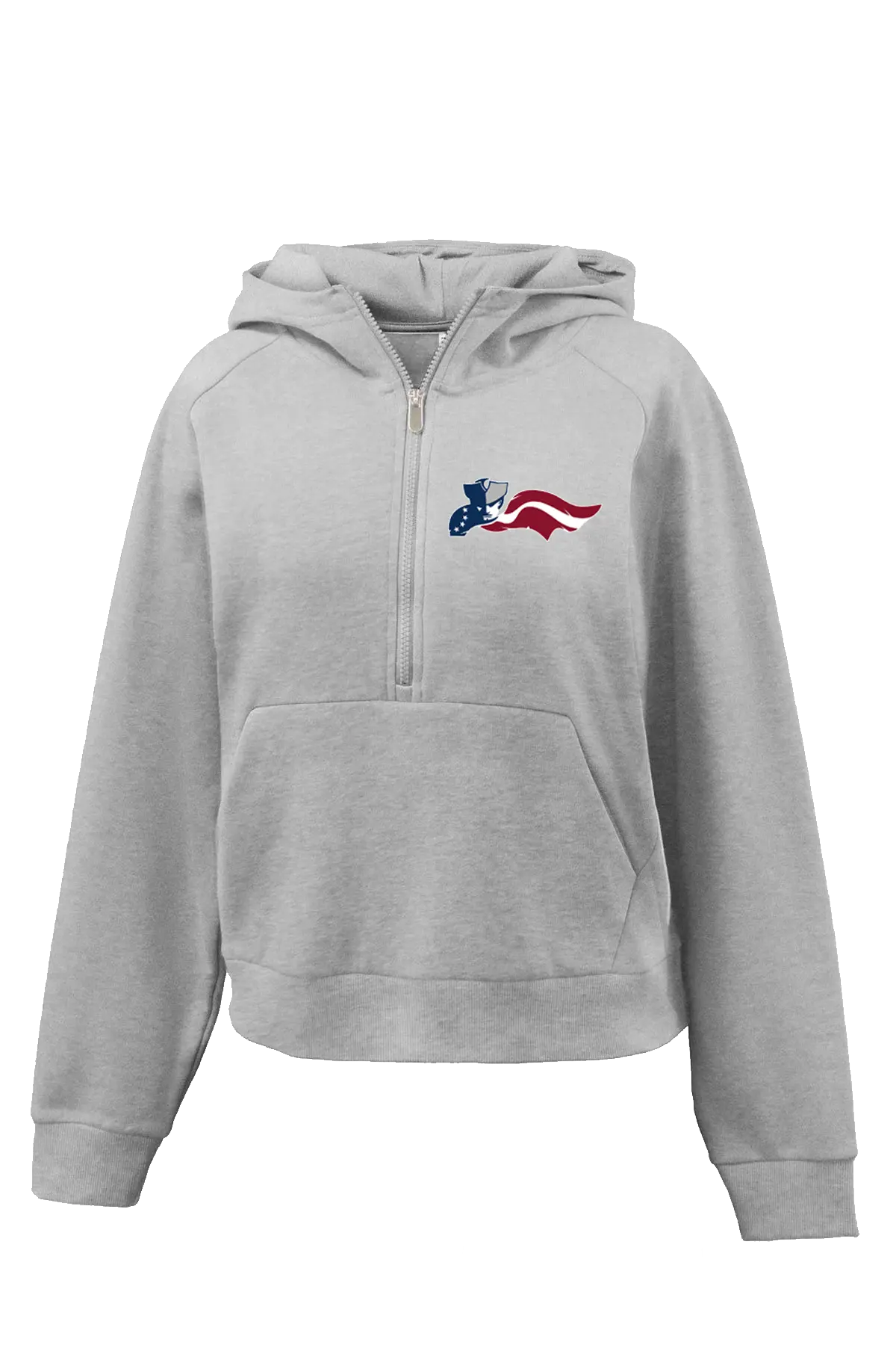 Gray hoodie with a logo on the chest against a white background. Paper Street Print Co, Blairstown, NJ.