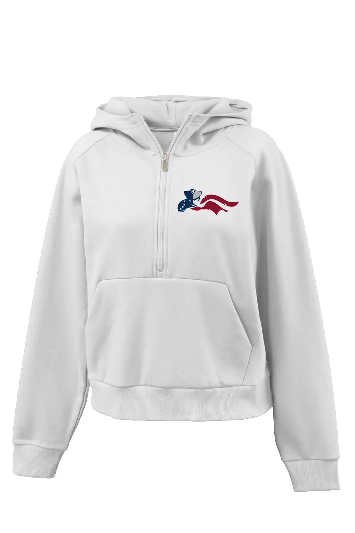 White hoodie with a logo on the chest against a white background. Paper Street Print Co, Blairstown, NJ.