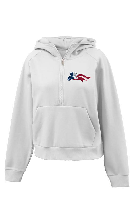 White hoodie with a logo on the chest against a white background. Paper Street Print Co, Blairstown, NJ.