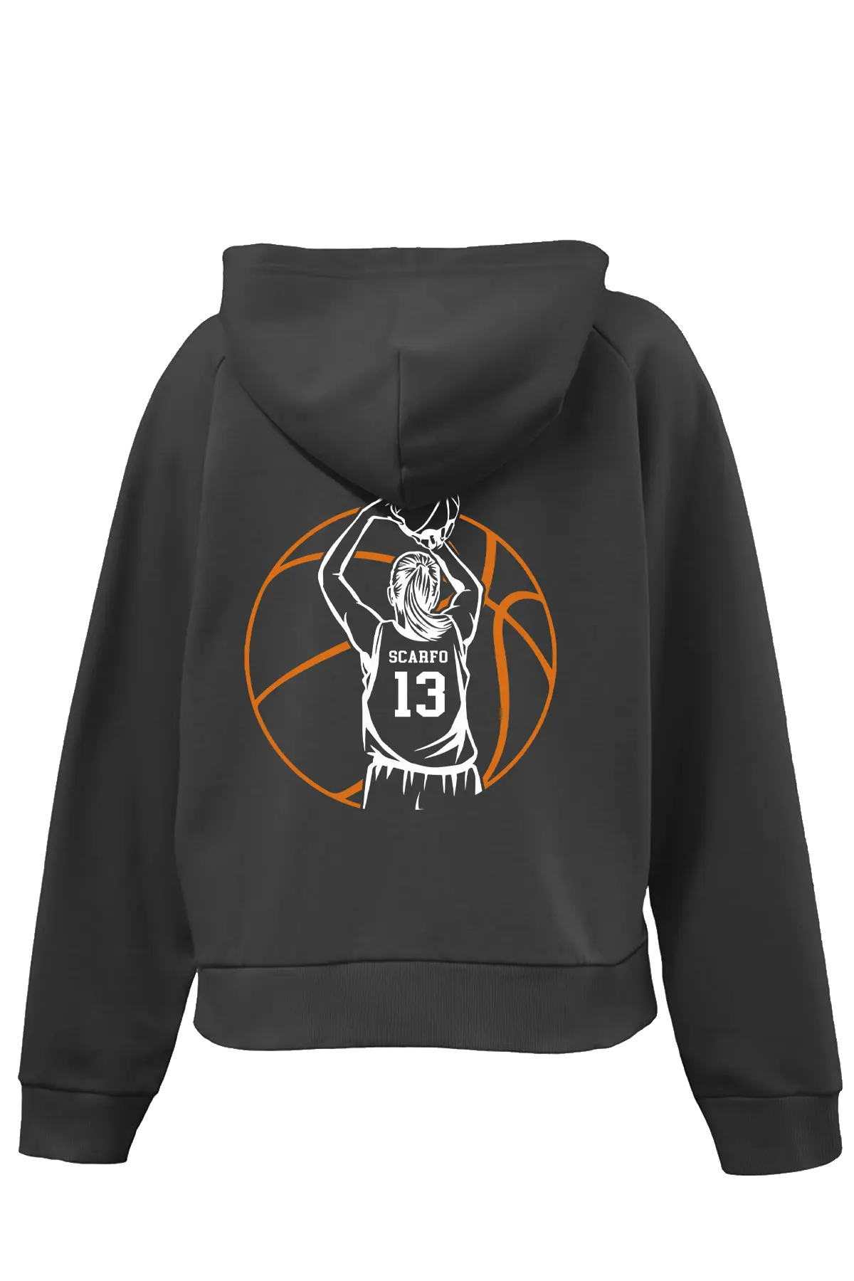Black hoodie with basketball graphic on the back against a white background. Paper Street Print Co, Blairstown, NJ.