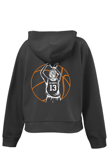 Black hoodie with basketball graphic on the back against a white background. Paper Street Print Co, Blairstown, NJ.