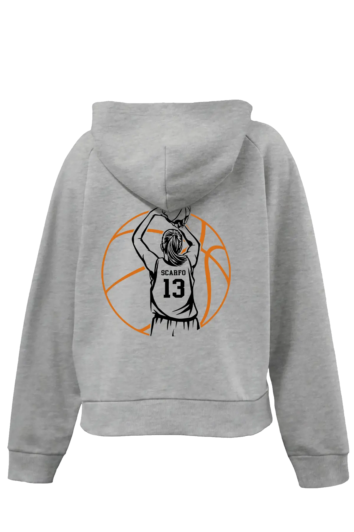 Gray hoodie with a basketball player graphic on the back, featuring the number 13, on a white background. Paper Street Print Co, Blairstown, NJ.