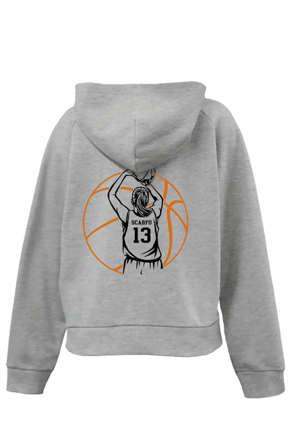 Gray hoodie with a basketball player graphic on the back, featuring the number 13, on a white background. Paper Street Print Co, Blairstown, NJ.