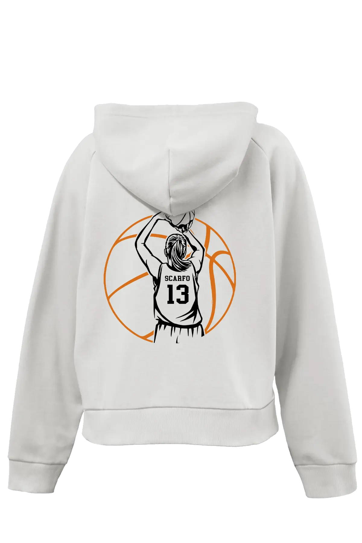 White hoodie with a basketball player graphic on the back, displayed on a white background. Paper Street Print Co, Blairstown, NJ.