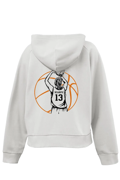 White hoodie with a basketball player graphic on the back, displayed on a white background. Paper Street Print Co, Blairstown, NJ.