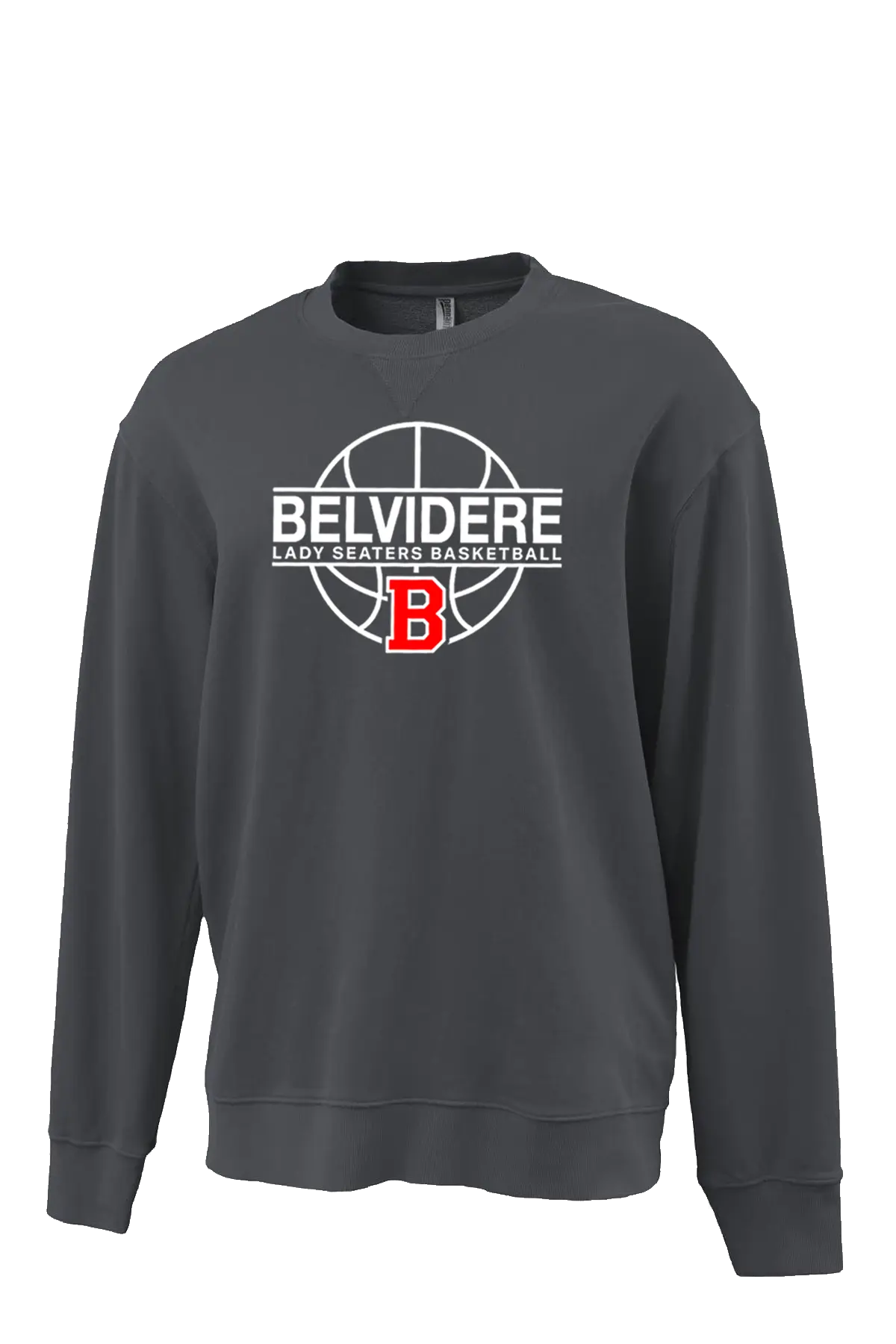 A dark gray crewneck sweatshirt featuring a white and red graphic on the chest with the text 'BELVIDERE LADY SEATERS BASKETBALL' and a basketball design. Paper Street Print Co, Blairstown, NJ.