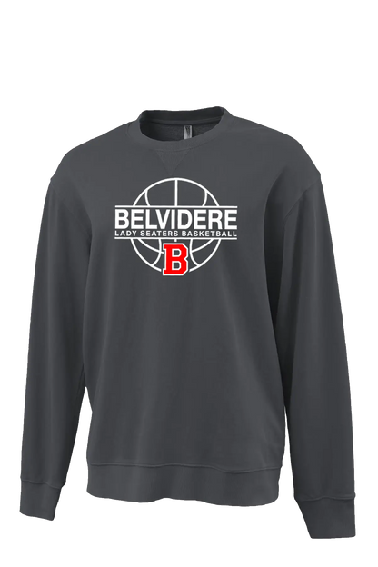 A dark gray crewneck sweatshirt featuring a white and red graphic on the chest with the text 'BELVIDERE LADY SEATERS BASKETBALL' and a basketball design. Paper Street Print Co, Blairstown, NJ.