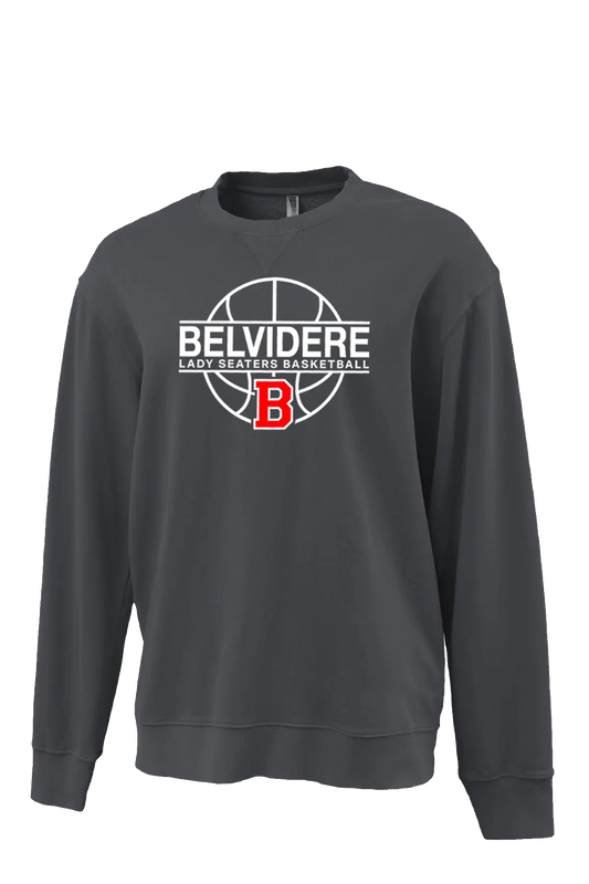 A dark gray crewneck sweatshirt featuring a white and red graphic on the chest with the text 'BELVIDERE LADY SEATERS BASKETBALL' and a basketball design. Paper Street Print Co, Blairstown, NJ.