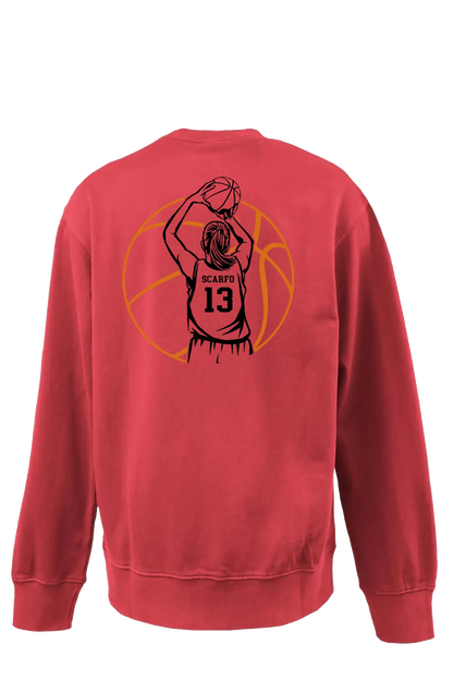 A red crewneck sweatshirt shown from the back, featuring a black and orange graphic of a basketball player with the name 'SCARFO' and number '13' on the back. Paper Street Print Co, Blairstown, NJ. Belvidere Lady Seaters Basketball.