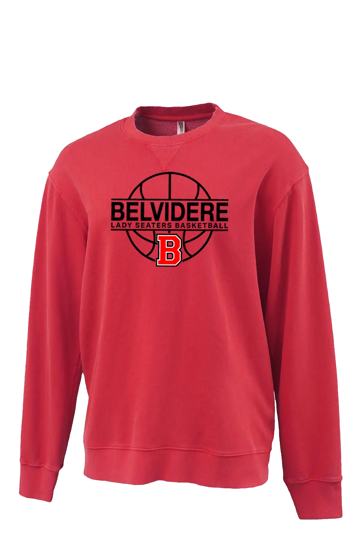 A red crewneck sweatshirt featuring a black and red graphic on the chest with the text 'BELVIDERE LADY SEATERS BASKETBALL' and a basketball design, Paper Street Print Co, Blairstown, NJ.