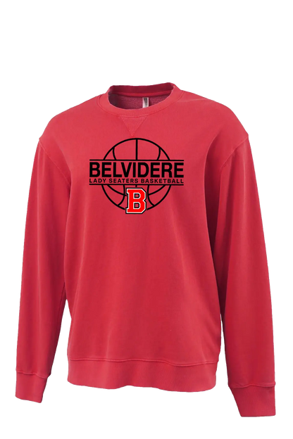 A red crewneck sweatshirt featuring a black and red graphic on the chest with the text 'BELVIDERE LADY SEATERS BASKETBALL' and a basketball design, Paper Street Print Co, Blairstown, NJ.
