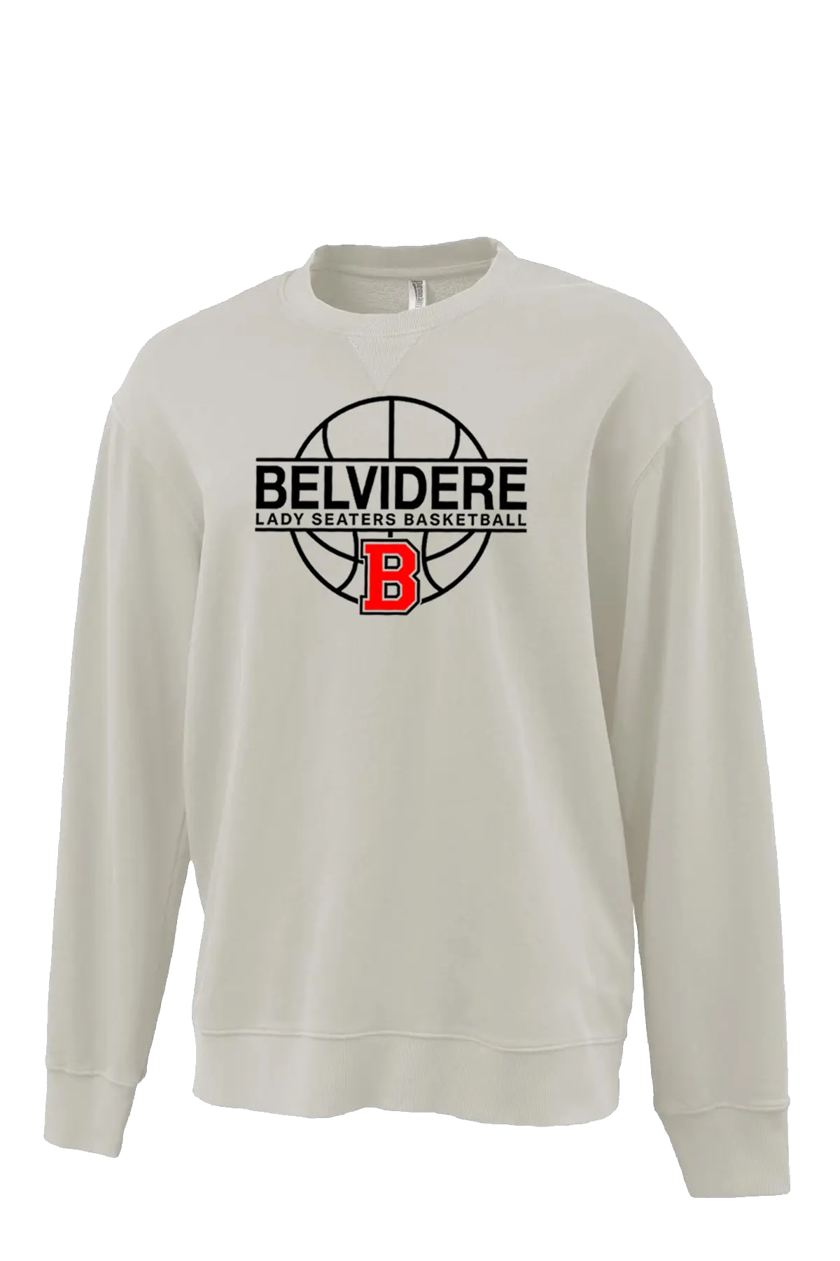 An off-white crewneck sweatshirt featuring a 'Belvidere Lady Seaters Basketball' logo on the chest, which includes a black basketball graphic, black text, and a red 'B' Seaters logo. Paper Street Print Co, Blairstown, NJ.