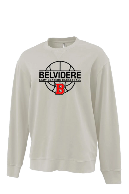 An off-white crewneck sweatshirt featuring a 'Belvidere Lady Seaters Basketball' logo on the chest, which includes a black basketball graphic, black text, and a red 'B' Seaters logo. Paper Street Print Co, Blairstown, NJ.