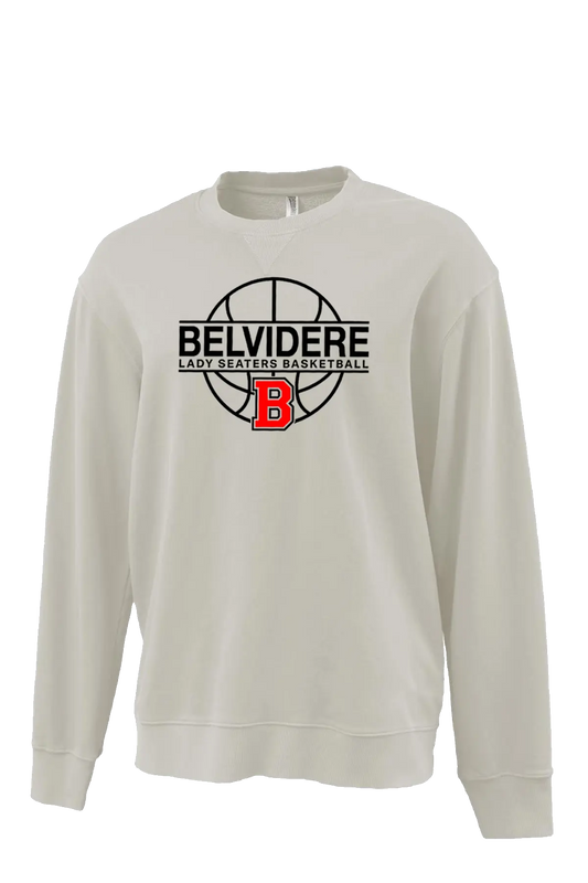 An off-white crewneck sweatshirt featuring a 'Belvidere Lady Seaters Basketball' logo on the chest, which includes a black basketball graphic, black text, and a red 'B' Seaters logo. Paper Street Print Co, Blairstown, NJ.