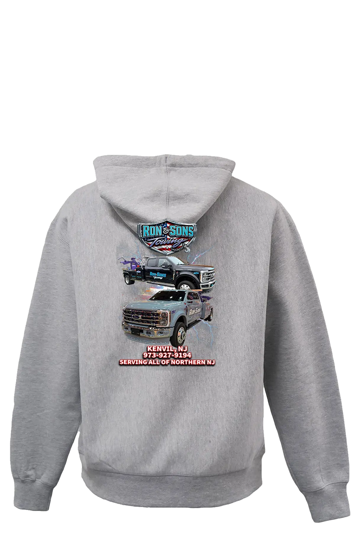 Gray hoodie with truck graphics and text on the back, on a white background. Ron and Sons Towing, Paper Street Print Co, Blairstown, NJ.