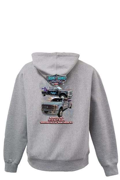 Gray hoodie with truck graphics and text on the back, on a white background. Ron and Sons Towing, Paper Street Print Co, Blairstown, NJ.