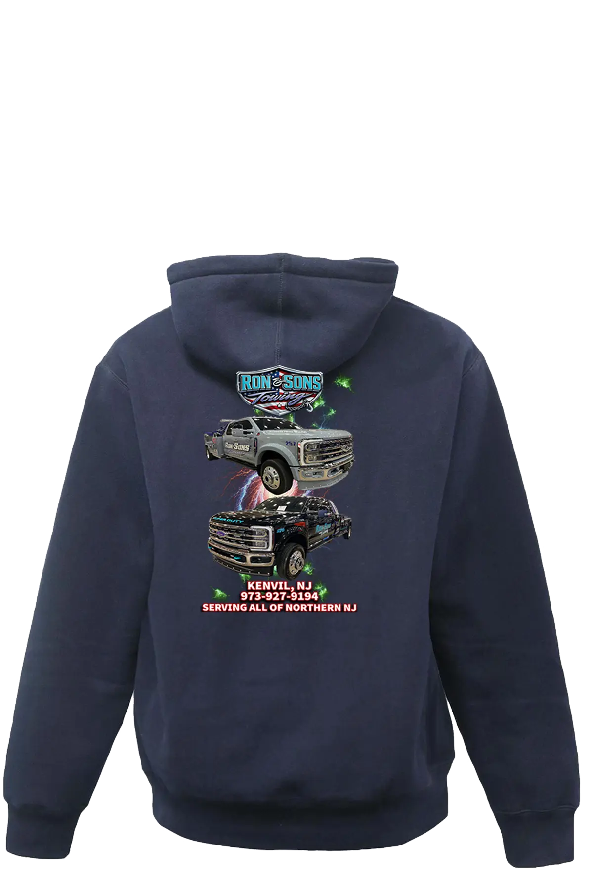 Navy blue hoodie with graphic designs on the back on a white background. Ron and Sons Towing, Paper Street Print Co, Blairstown, NJ.