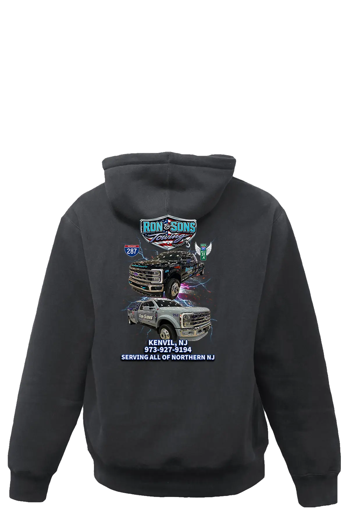 Black hoodie with graphics and text on the back, displayed against a white background. Ron and Sons Towing, Paper Street Print Co, Blairstown, NJ.