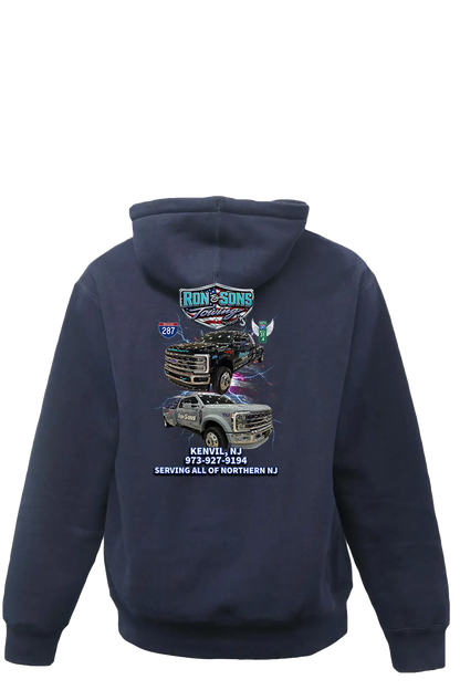 Navy blue hoodie with a graphic design on the back featuring a truck and text. Ron and Sons Towing, Paper Street Print Co, Blairstown, NJ.