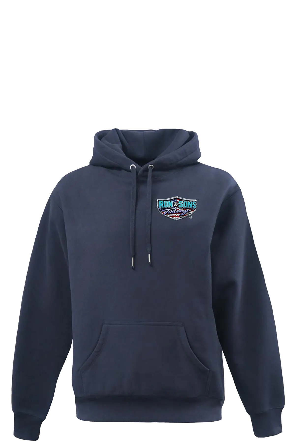 Navy blue hoodie with a logo on the chest against a white background. Ron and Sons Towing, Paper Street Print Co, Blairstown, NJ.