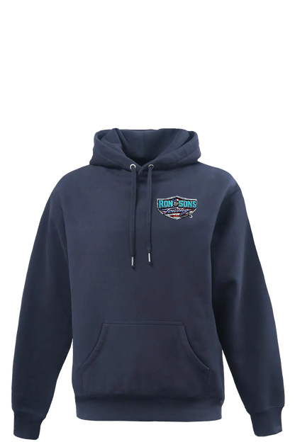 Navy blue hoodie with a logo on the chest against a white background. Ron and Sons Towing, Paper Street Print Co, Blairstown, NJ.