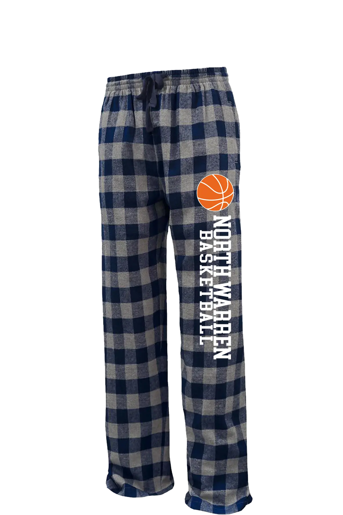 Plaid flannel pants with basketball design and text on a white background. Paper Street Print Co, Blairstown, NJ.
