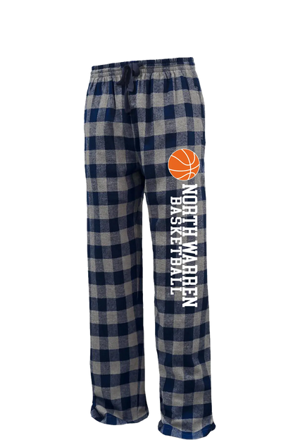 Plaid flannel pants with basketball design and text on a white background. Paper Street Print Co, Blairstown, NJ.