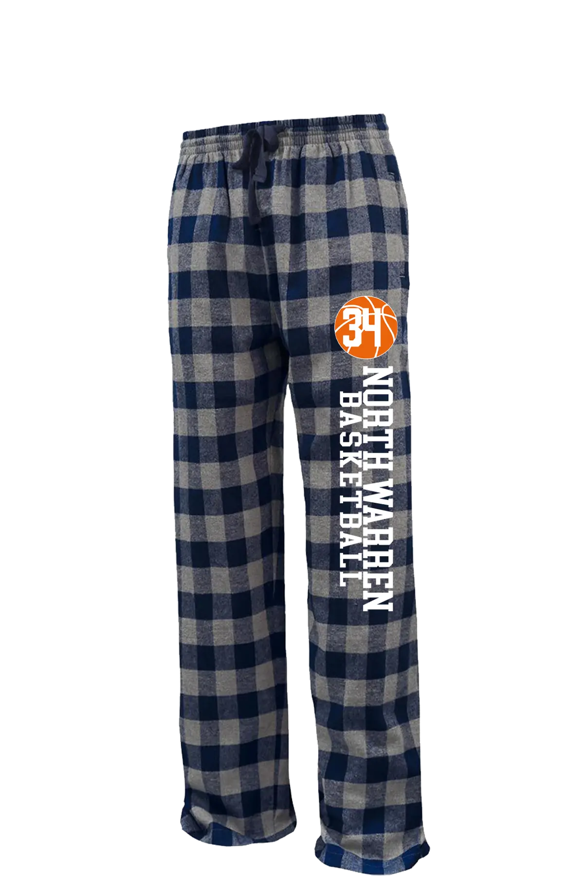 Plaid flannel pants with basketball design and text on a white background. Paper Street Print Co, Blairstown, NJ.