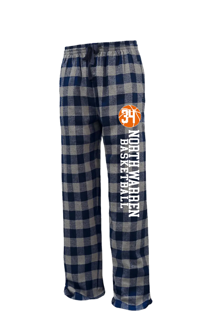 Plaid flannel pants with basketball design and text on a white background. Paper Street Print Co, Blairstown, NJ.