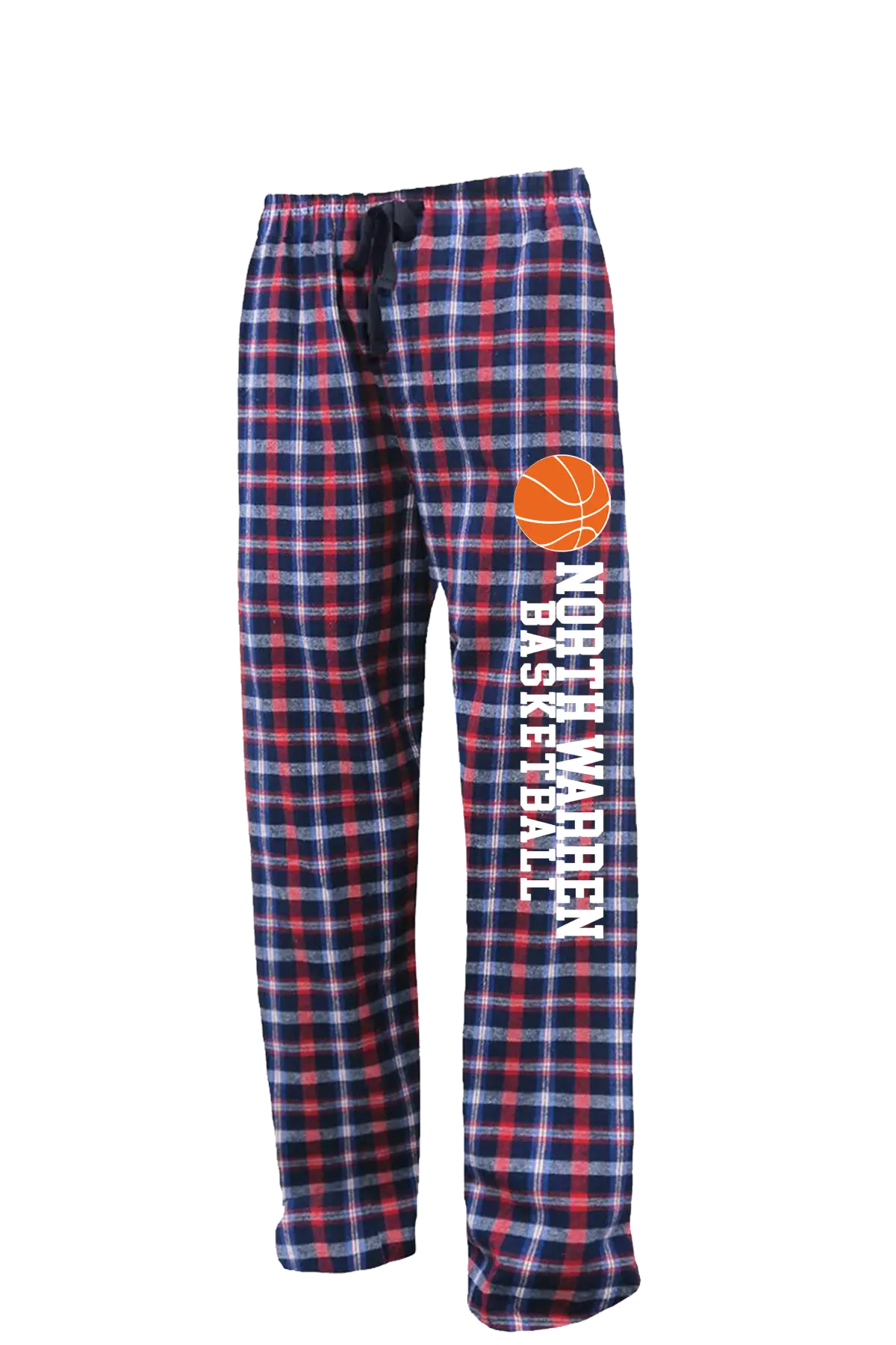 Plaid pajama pants with basketball graphic and text on a white background. Paper Street Print Co, Blairstown, NJ.