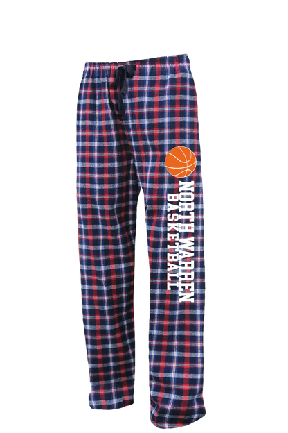 Plaid pajama pants with basketball graphic and text on a white background. Paper Street Print Co, Blairstown, NJ.