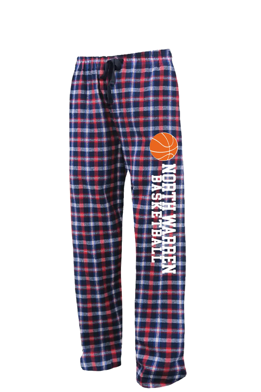 Plaid pajama pants with basketball graphic and text on a white background. Paper Street Print Co, Blairstown, NJ.