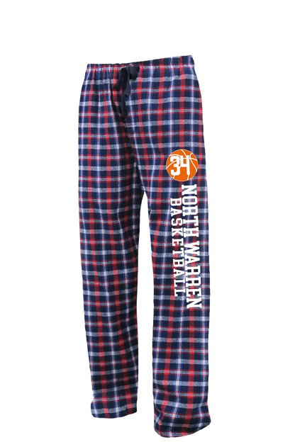 Plaid pajama pants with basketball design and text on a white background. Paper Street Print Co, Blairstown, NJ.