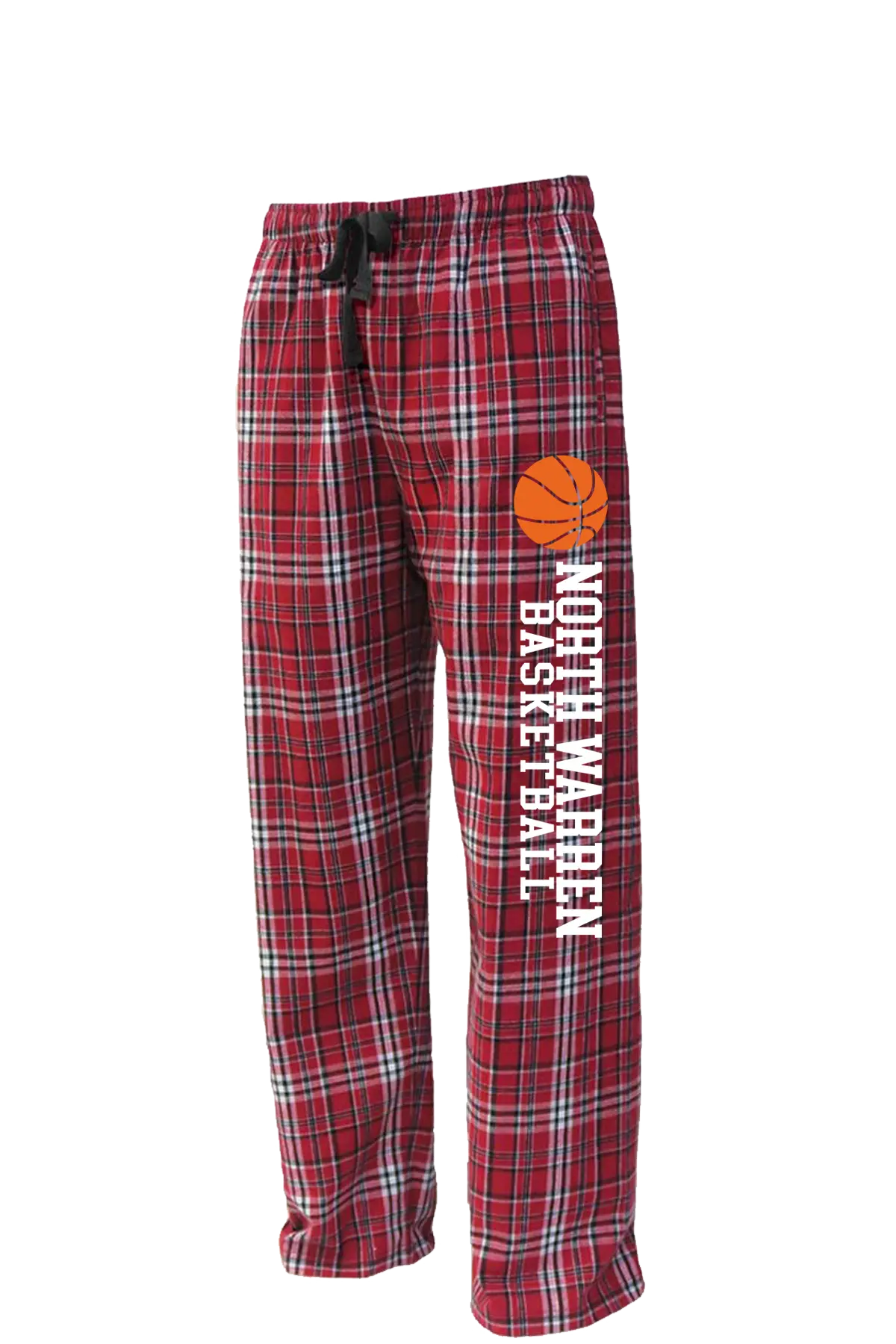 Plaid pajama pants with basketball design and text on a white background. Paper Street Print Co, Blairstown, NJ.