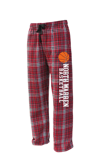 Plaid pajama pants with basketball design and text on a white background. Paper Street Print Co, Blairstown, NJ.