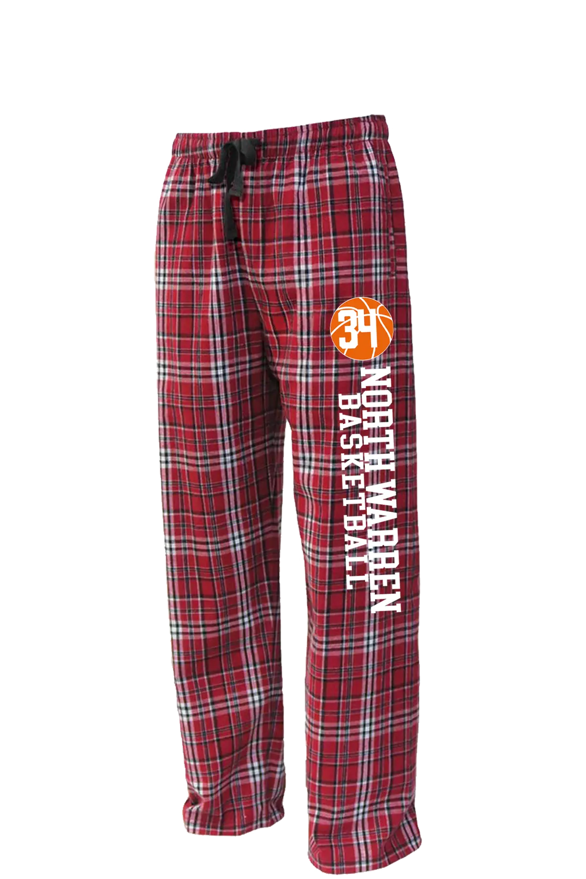 Red plaid flannel pants with basketball design and text on a white background. Paper Street Print Co, Blairstown, NJ.