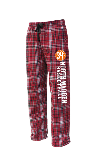 Red plaid flannel pants with basketball design and text on a white background. Paper Street Print Co, Blairstown, NJ.