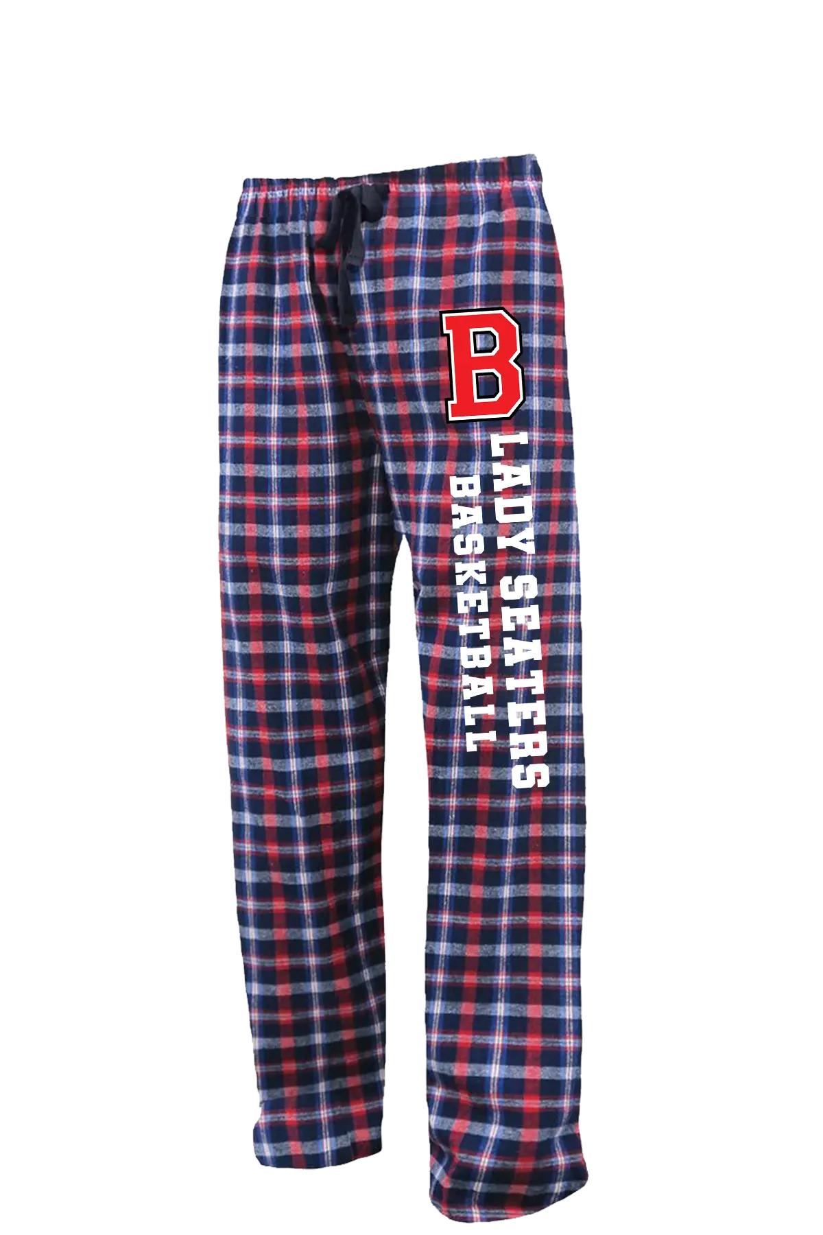 Plaid flannel lounge pants in navy, red, and white, featuring a large red 'B' logo and vertical white text reading 'LADIES BASKETBALL' on the left leg. Belvidere Lady Seaters Basketball, Paper Street Print Co, Blairstown, NJ.