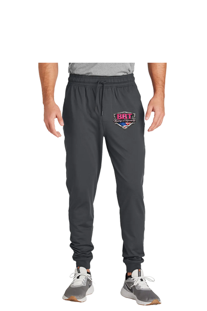 Person wearing gray jogger pants with a logo on a white background. BRT Towing and Recovery, Paper Street Print Co, Blairstown, NJ.