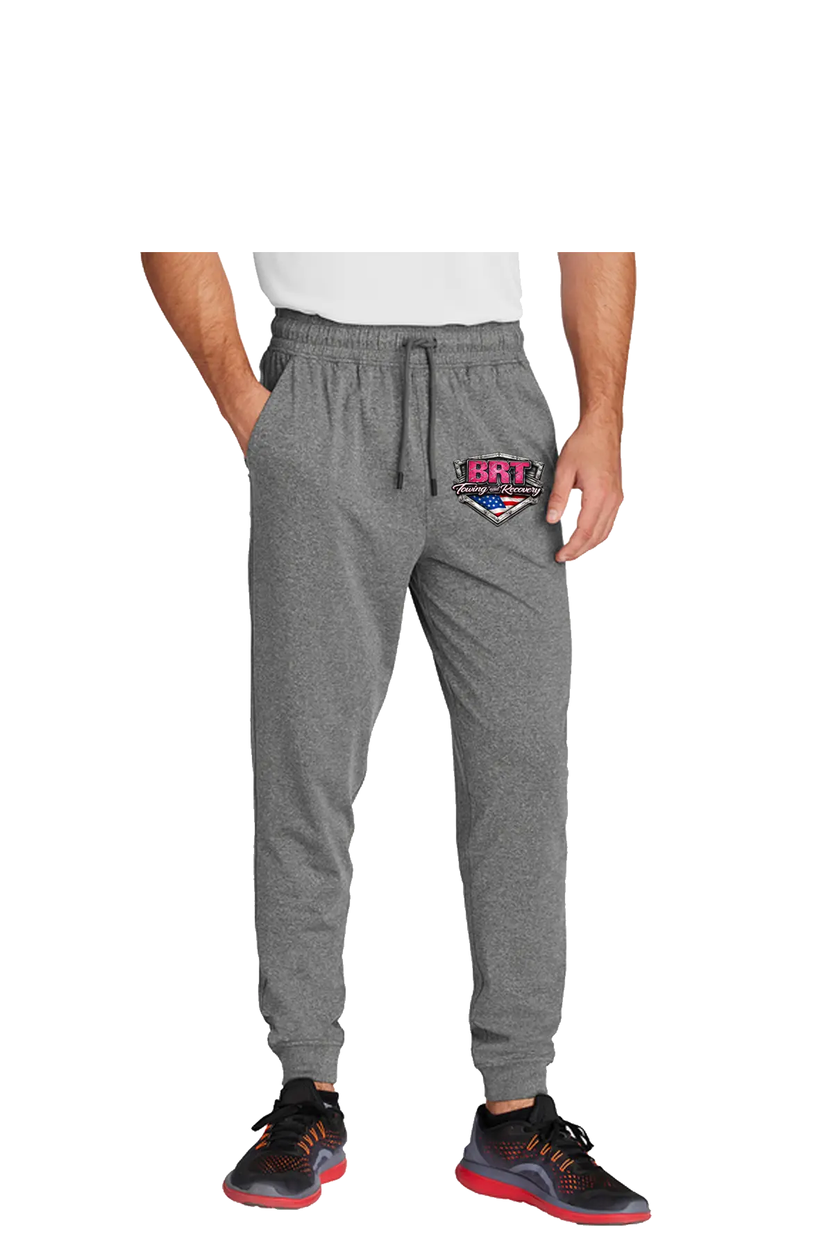 Person wearing gray jogger pants with a logo on a white background. BRT Towing and Recovery, Paper Street Print Co, Blairstown, NJ.