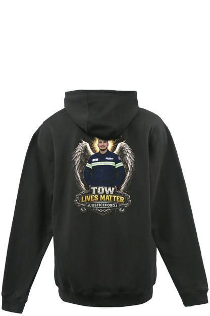 Black hoodie with a graphic design on the back featuring a person in a uniform and text. #JUSTICEFORDJ - Paper Street Print Co, Blairstown, NJ.